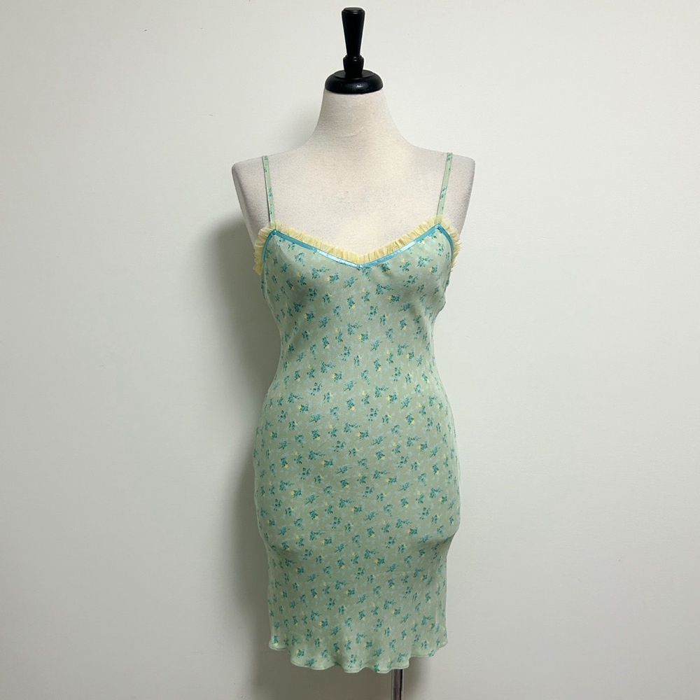 Betsey Johnson Green Yellow Floral Sleeveless Mesh Trim Vintage Slip Dress
